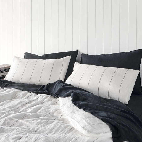 ED -  Linen Pillowcase Set of 2 Soft White and Black Stripe